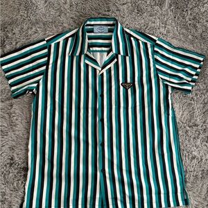 Prada Men's Striped Teal and Black Shirt